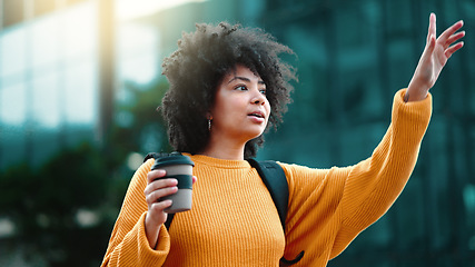 Image showing Black woman, city and stop taxi with smile, sunshine and urban adventure on sidewalk in summer. Girl, outdoor and street in metro for transport, bus or ride service with happiness, holiday or travel