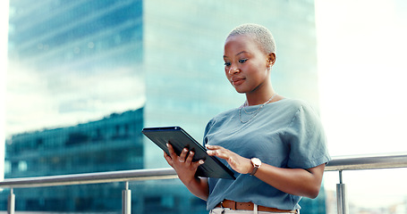 Image showing Black woman, business and tablet portrait in city for online communication, networking or trading. Entrepreneur person with urban buildings and 5g network connection for writing email on mobile app