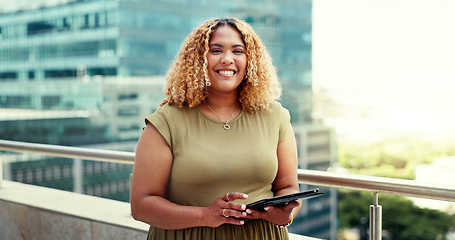 Image showing Business woman, happy portrait and tablet while in city for online communication, networking or trading. Black person with urban buildings rooftop with 5g network connection for writing email online