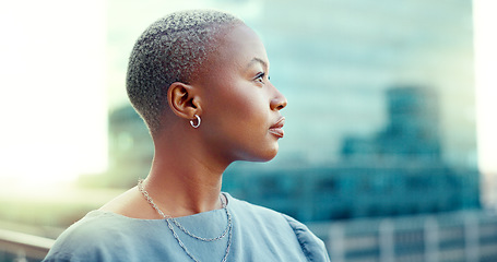 Image showing Black business woman in city and thinking for opportunity, vision and professional mindset. Female leader, ceo, and manager with skills and motivation for career goals as future leader