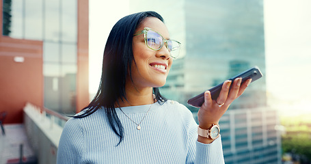 Image showing Business woman, business phone call and time management in city outdoor for communication. Entrepreneur person with urban buildings and motivation for networking, schedule and success deal conversati