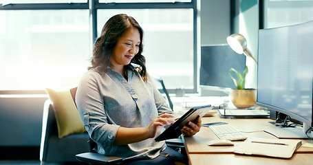 Image showing Digital tablet, office and business woman doing research for a corporate project by her desk. Technology, internet and professional female employee working on company report or proposal at workplace.