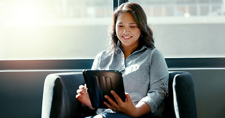 Image showing Office tablet, typing and woman reading good review of social network feedback, customer experience or ecommerce. Brand monitoring data, website info or media worker working on online survey analysis