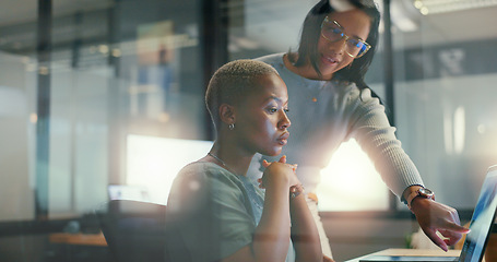 Image showing Teamwork, communication or business women on laptop in meeting for analytics, planning or project management. Research, SEO coaching or collaboration on tech for collaboration, strategy or review