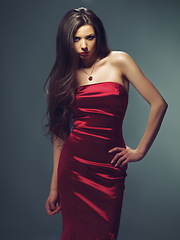 Image showing Fashion, luxury and prom with portrait of woman in red dress for elegant, glamour and confidence. Beauty, party and style with female model isolated on studio background for evening gown and event