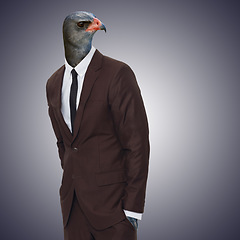 Image showing Business, man and employee with an animal head, career and consultant against a dark studio background. Male professional, entrepreneur and consultant with a bird face, weird and career with strange