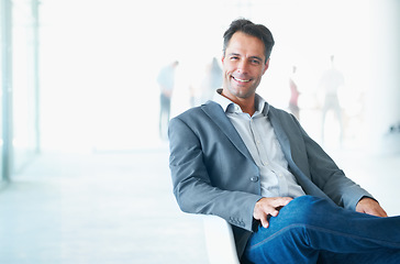 Image showing Portrait, smile and business man on chair in office with pride for career or job on mockup. Professional, male entrepreneur and happy executive, mature ceo or person from Canada sitting in workplace.