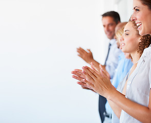 Image showing Business people, applause and celebration for presentation, meeting or workshop on mockup. Happy group of employees clapping in convention for team coaching, audience or staff training at workplace