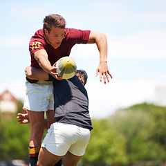 Image showing Game, rugby and men with fitness, teamwork and energy with wellness, training and action. Professional players, athlete or team with fun, match or sports with ball, skills and competition with health