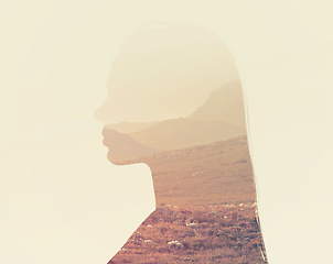 Image showing Woman, mountains and double exposure in nature with silhouette, sky background and summer adventure. Girl, face and field overlay for freedom, holiday and countryside with vision for sustainability