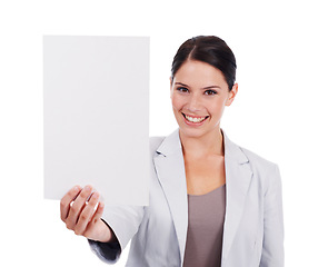 Image showing Portrait, mockup and woman with a paper, career and employee isolated against white studio background. Face, female person and consultant with a poster, brand development and information for decision