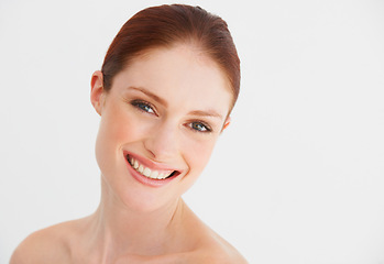 Image showing Skincare, beauty and portrait of woman in studio for cosmetics, wellness and facial on white background. Dermatology, spa and happy face of female person with natural makeup, smooth and health skin