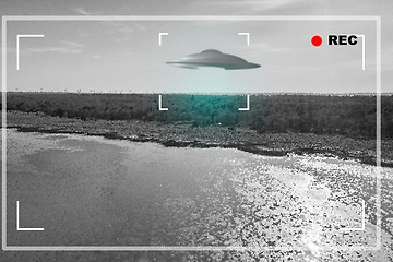 Image showing UFO, alien and camera viewfinder with a spaceship flying in the gray sky over area 51 for an invasion. Camcorder, spacecraft and conspiracy with a saucer on a display to record a sighting of aliens