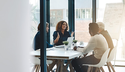 Image showing Planning, teamwork and meeting with business people in boardroom for strategy, brainstorming and solution. Corporate, collaboration and conference with employees in office for negotiation development