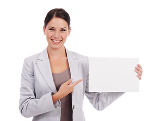 Image showing Portrait, mockup and woman with a poster, pointing and lady isolated against a white studio background. Face, female person and model with paper, promotion and decision with employee and opportunity