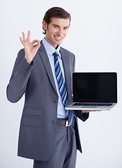 Image showing Perfect, hand and laptop mockup by man portrait in studio with space for advertising on white background. Face, yes and happy business person with ok emoji, vote or positive feedback or online review