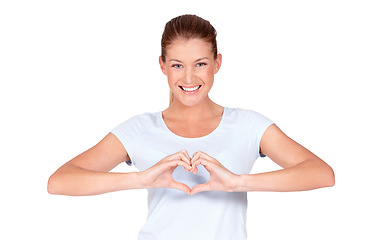 Image showing Love, smile and portrait of happy woman doing heart sign, shape or gesture with hands isolated in a white studio background. Support, casual and female person with happiness, care and kindness signal