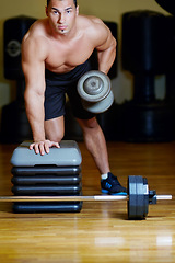 Image showing Fitness portrait, dumbbell exercise and man doing power workout, weight lifting or healthy lifestyle routine. Gym studio focus, strong performance and bodybuilder person with muscle weightlifting