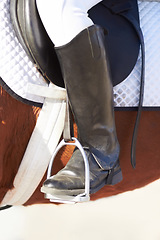 Image showing Closeup, foot and stirrup for horse riding, sport or safety with animal for race, contest or competition. Rider, equestrian or jockey leather boot for balance, grip or control for show, speed or ride