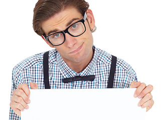 Image showing Portrait, sad and man with board for mockup in studio isolated on a white background. Poster, depressed and male person, nerd or geek with copy space banner for advertising, marketing and promotion.