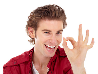 Image showing Man with smile in portrait, OK hand gesture with emoji and positive vote with success isolated on white background. Happy young male, thank you and yes with support and agreement sign in studio