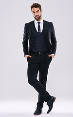 Image showing Portrait, suit and man with fashion, confidence and happiness isolated against a studio background. Face, male person and ceo with business mindset, success and pride with stylish clothes and outfit