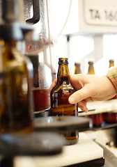 Image showing Hands, beer and bottle in factory, brewery or manufacturing plant for quality inspection. Alcohol, production line and person taking glass from automatic conveyor machine with product in warehouse.