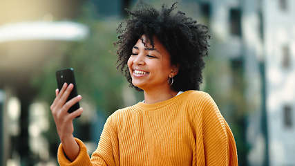 Image showing Travel, selfie and black woman in a city, happy and smile on vacation against urban background. Blog, social media and girl influencer live streaming trip in New York for online, followers or network