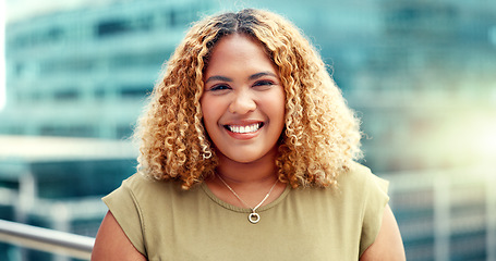 Image showing Business, black woman and city portrait while happy with outdoor with vision and pride. Face of entrepreneur person with urban buildings and motivation for career goals as future leader with a smile