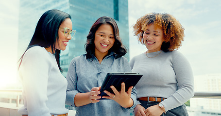 Image showing Tablet, balcony teamwork or diversity women review social network, customer experience or girl business ecommerce. Brand monitoring data, talking or media team collaboration on online survey feedback