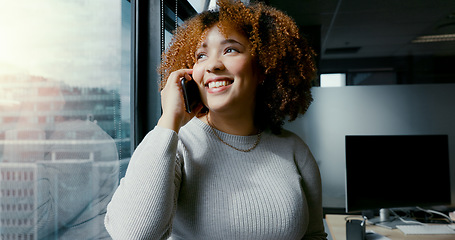 Image showing Phone call, business woman and office window for conversation with city view while happy and talking. Entrepreneur person on with smartphone for networking, communication or deal proposal with smile