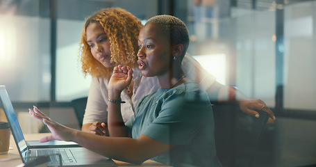 Image showing Office glass window, laptop and team communication on social network feedback, customer experience or ecommerce. Brand monitoring data, collaboration teamwork and black women review online survey