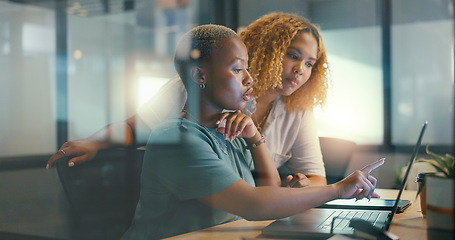 Image showing Office glass window, laptop and team communication on social network feedback, customer experience or ecommerce. Brand monitoring data, collaboration teamwork and black women review online survey