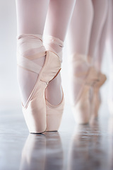 Image showing Ballet, dance and shoes with the en pointe feet of a ballerina group in a studio for rehearsal or recital. Creative, stage and theatre production with a dancer closeup training for an artistic show