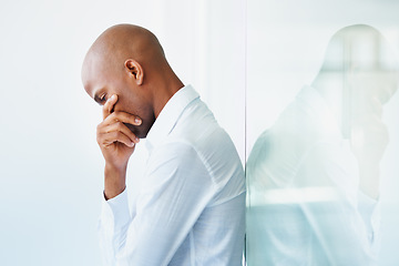 Image showing Business stress, depression and black man in office, disappointed or unhappy on mockup. Sad, depressed and male professional with fatigue, tired or burnout, anxiety and mental health in workplace.