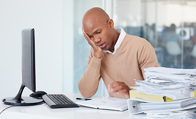 Image showing Business stress, pile of paperwork and black man overworked, exhausted and tired in office. Burnout, stack of documents and male worker with depression, fatigue and overwhelmed in workplace.