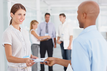 Image showing Business, staff and black man with woman, documents and information with a pamphlet, open day and flyer. Female employee, male consultant and coworkers with paperwork, internship and partnership