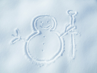 Image showing Snowman drawing in snow, winter and nature for art, cold weather and Christmas holiday creativity. Icon, symbol and sign with magic, ice and frozen outdoor for artistic or creative top view frost