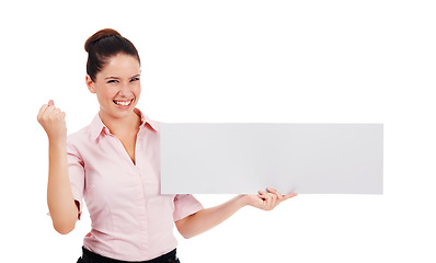 Image showing Portrait, mockup and woman with a paper, excited and winner isolated against white studio background. Face, female person or entrepreneur with poster, banner and excitement with happiness and winning