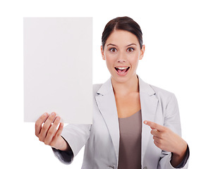 Image showing Portrait, mockup and woman with a paper, pointing and girl isolated against a white studio background. Face, female person and model with a poster, choice and opportunity with decision and brand logo