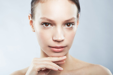 Image showing Skincare, beauty and portrait of spa woman isolated on a white background in studio. Wellness, glow and face of young model for dermatology, cosmetics and care of skin and showing results of moisture