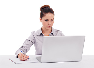 Image showing Laptop, planning and a business woman writing on a notepad for research while working in her office. Computer, schedule and reading with a young female employee in studio isolated on white background