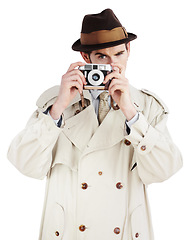 Image showing Detective, photographer and spy with portrait of man in studio for surveillance, reporter or investigation. Retro, press and secret with agent on white background for vintage, paparazzi or journalist