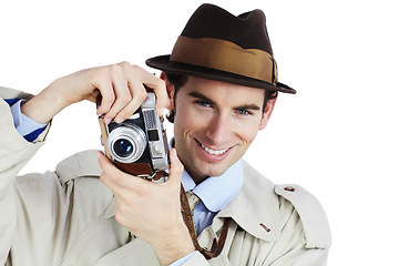 Image showing Detective, photographer and portrait with man in studio for surveillance, reporter and investigation. Photography, press and secret with agent on white background for vintage, paparazzi or journalist