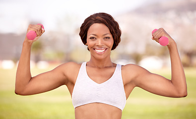 Image showing Weightlifting, fitness and portrait of black woman in park for exercise, body builder training and workout. Sports, muscle and happy female athlete flex for wellness, healthy lifestyle and strength