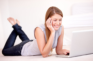 Image showing Relax, laptop and floor with woman in living room for social media, streaming and website. Search, technology and digital with female user typing at home for connection, email and internet