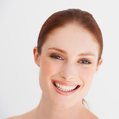 Image showing Happy, beauty and portrait of ginger woman in studio for cosmetics, wellness and facial on white background. Dermatology, skincare and face of female person for natural makeup, smile and health skin