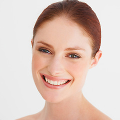 Image showing Ginger woman, beauty and portrait in studio for cosmetics, wellness and facial on white background. Dermatology, luxury spa and happy face of female person for natural makeup, skincare and self care