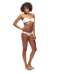 Image showing Portrait, mockup and black woman with fitness, bikini and confident girl isolated against a white studio background. Face, female person and model with beauty, self care and lingerie with wellness