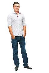 Image showing Portrait, smile and man with beauty, fashion and confident guy isolated against a white studio background. Face, male person and model with casual outfit, happiness and cheerful with joy and mockup